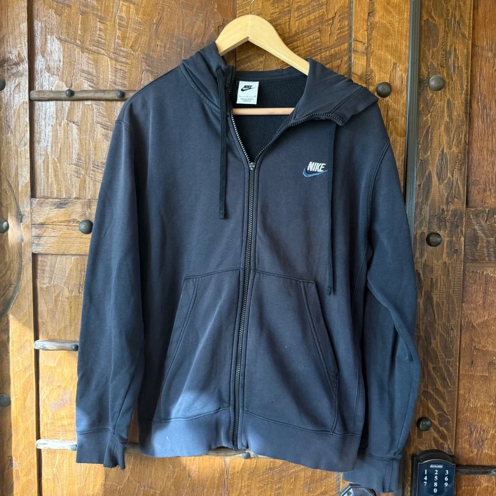 Nike Mens Full Zip Hoodie Black Faded Fleece Embroidered Logo Small
